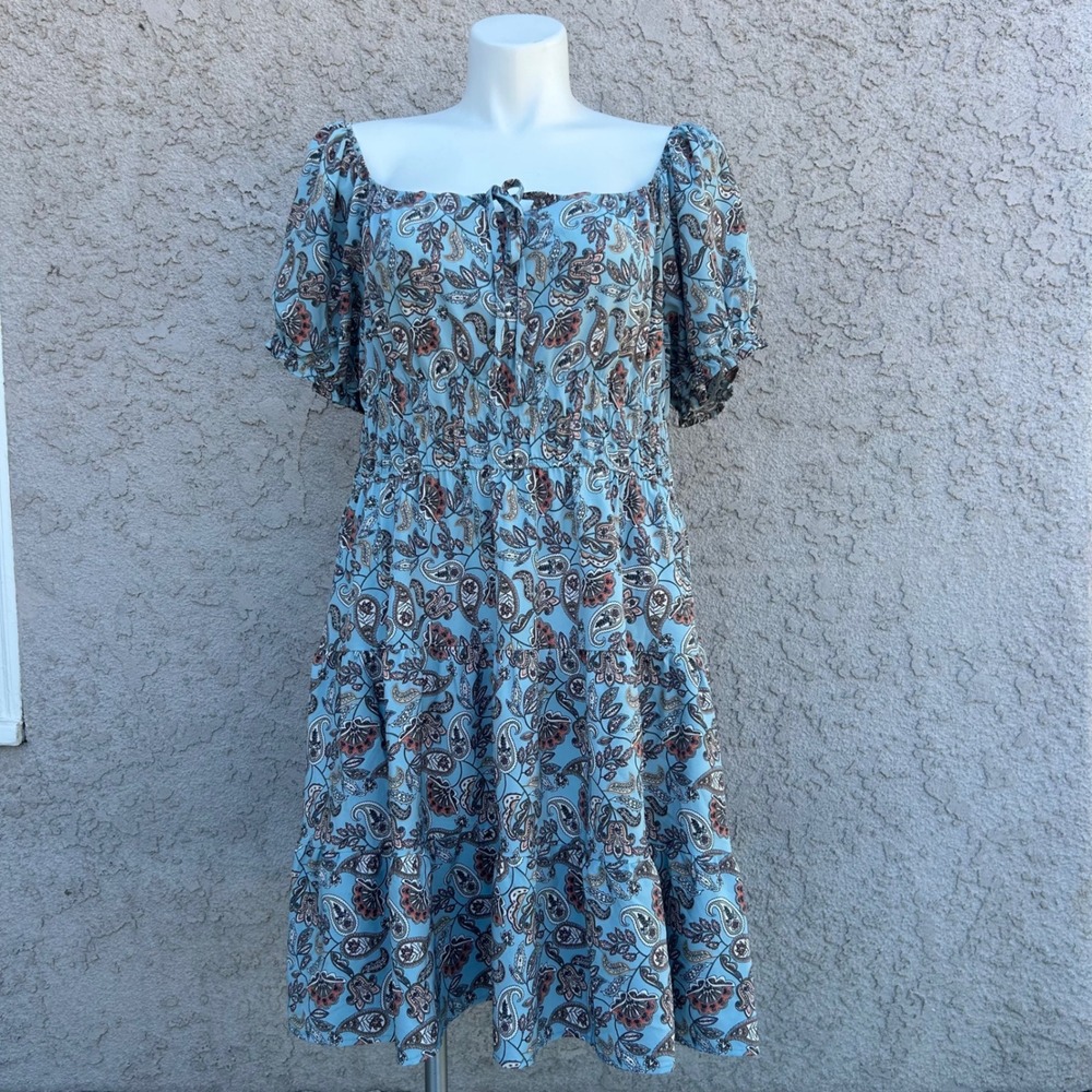 Hesperus Blue Paisley Smocked Waist Tiered Mini Dress 3X Boho Whimsical Sundress